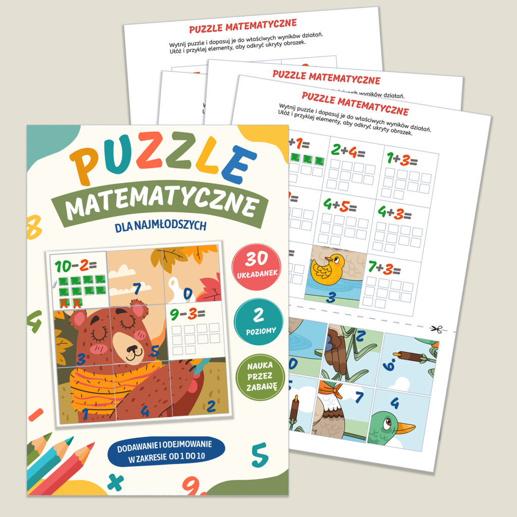 Zestaw 30 puzzli matematycznych (1-10) z urokliwymi zwierzątkami! Połącz naukę dodawania i odejmowania z wycinaniem i zabawą. Idealne do domu i szkoły.