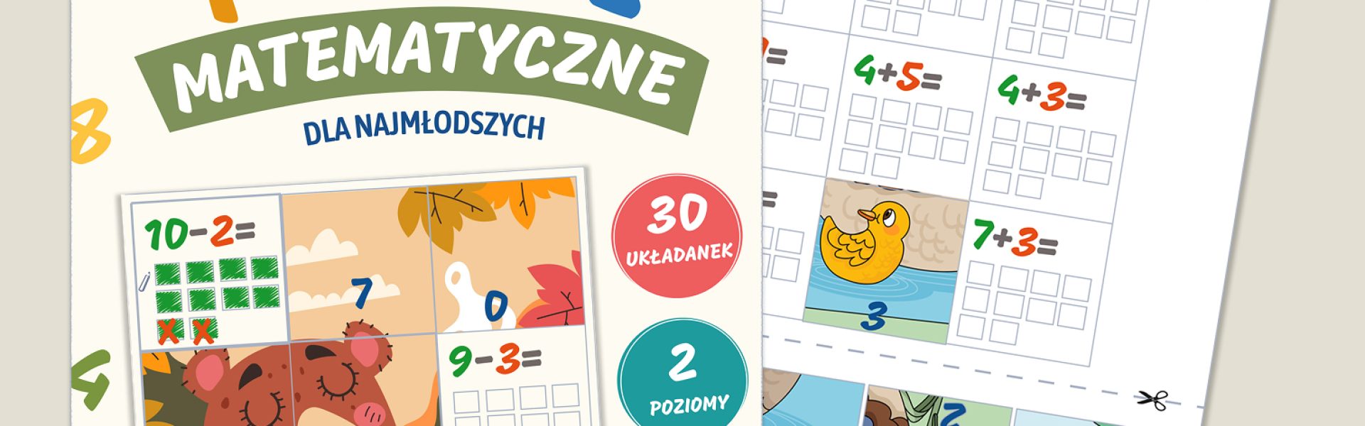 Zestaw 30 puzzli matematycznych (1-10) z urokliwymi zwierzątkami! Połącz naukę dodawania i odejmowania z wycinaniem i zabawą. Idealne do domu i szkoły.